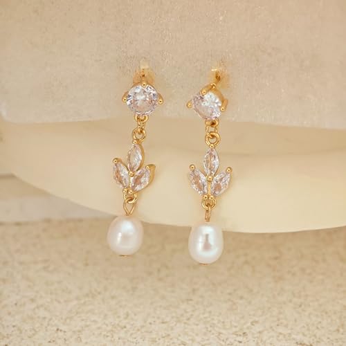 Pearl Earrings for Women Trendy, 14k Gold Plated Freshwater CZ Leaf Pearl Dangle Drop Gold Earrings Lightweight Hypoallergenic Stud Earring Bridesmaid Wedding Gold Jewelry for Women Gifts - style: gold pearl earrings