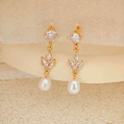 Pearl Earrings for Women Trendy, 14k Gold Plated Freshwater CZ Leaf Pearl Dangle Drop Gold Earrings Lightweight Hypoallergenic Stud Earring Bridesmaid Wedding Gold Jewelry for Women Gifts - style: gold pearl earrings