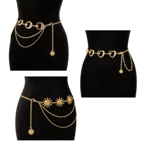 3 Pcs Gold Chain Belt for Women, Adjustable Waist Chain with Clover Butterfly Disc Pendants, Body Jewelry, Boho Belts for Women, Summer Beach Party - color: Gold-2