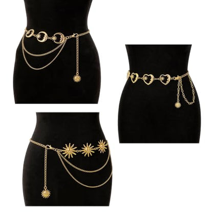 3 Pcs Gold Chain Belt for Women, Adjustable Waist Chain with Clover Butterfly Disc Pendants, Body Jewelry, Boho Belts for Women, Summer Beach Party - color: Gold-2