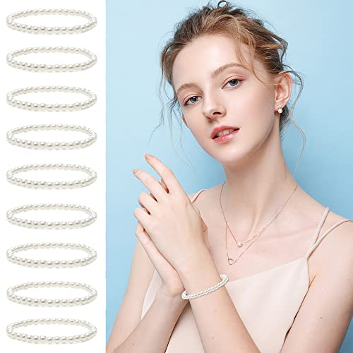 MOZAKA 30 Pieces 6mm/8mm Faux White Pearl Bracelets for Women Stackable Stretch Beaded Bracelets Simulated Pearl Bracelet Set for Bridesmaid Bridal Wedding Party Jewelry - style: A:6mm
