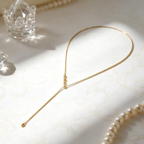 YUJIE Long Gold Y Necklace for Women - Adjustable Lariat Pendant Snake Chain, 14K Gold Plated Dainty Teardrop Necklace for Trendy & Formal Wear - color: bean