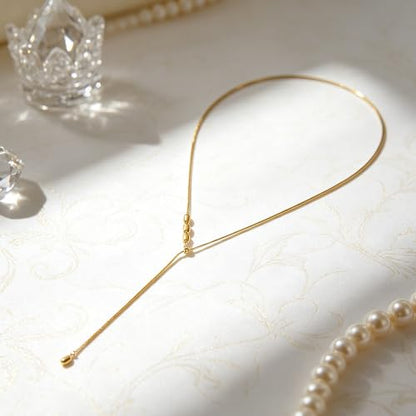 YUJIE Long Gold Y Necklace for Women - Adjustable Lariat Pendant Snake Chain, 14K Gold Plated Dainty Teardrop Necklace for Trendy & Formal Wear - color: bean