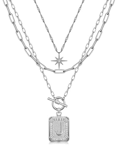 MJartoria Layered Initial Necklaces for Women | 14K Gold Plated Brass, Star Choker, Square Letter Pendant, Paperclip Chain - color: Silver, style: J