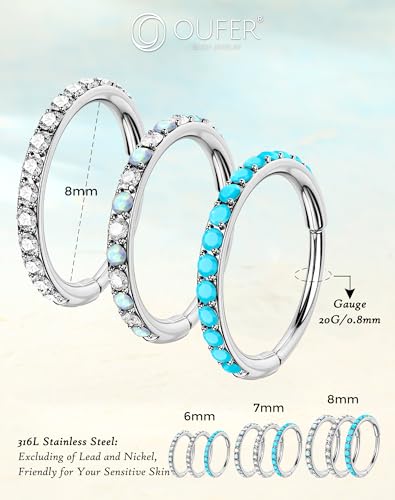 OUFER Turquoise CZ Opal Nose Rings for Women, 316L Surgical Steel 6MM Nose Rings Hoops, Silver Hinged Segment Septum Lip Eyebrow Cartilage Conch Rook Helix Tragus Daith Piercing Jewelry-6/7/8MM - color: Silver, Turqoise, Opal, CZ
