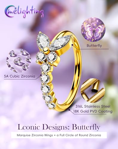 Melighting 20G Butterfly Nose Ring Hoop 8 mm Open Seamless Nose Piercing Jewelry Surgical Steel 316L, Twist Nostril Ring with Marquise and Round CZ, Silver Flower Body Piercing for Women - style: Butterfly Gold