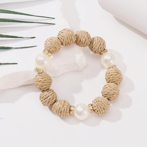 Coiris Rattan Raffia Woven Adjustable Boho Bracelet for Women | Handmade Bracelets Stretch Bracelet - color: Peal