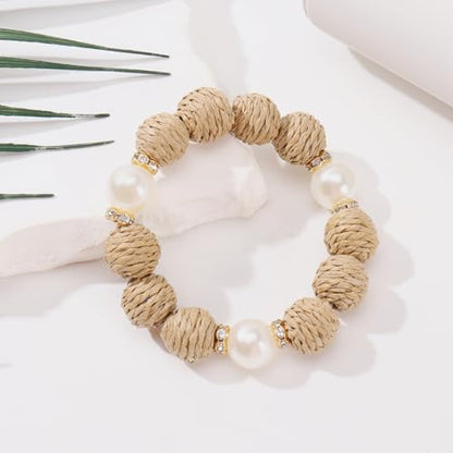 Coiris Rattan Raffia Woven Adjustable Boho Bracelet for Women | Handmade Bracelets Stretch Bracelet - color: Peal