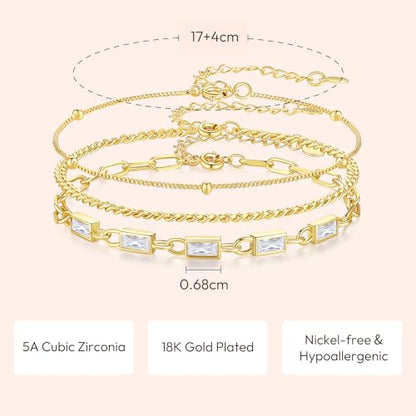 Gold Birthstone Bracelet for Women, 18K Gold Plated Layered Jewelry Bracelet Set, Womens Dainty Stackable Bracelets Link Paperclip Chain Valentines Day Gift for Wife Her - color: Gold-04-Apr.