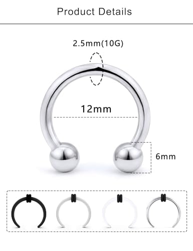 Lcolyoli Large Septum Rings 16G 14G 12G 10G 8G 6G PA Ring Internally Threaded Spike Horseshoe Barbell Stainless Steel & Acrylic Plastic Pincher Tapers C Shape Buffalo Stretcher Expander for Women Men - color: 10G