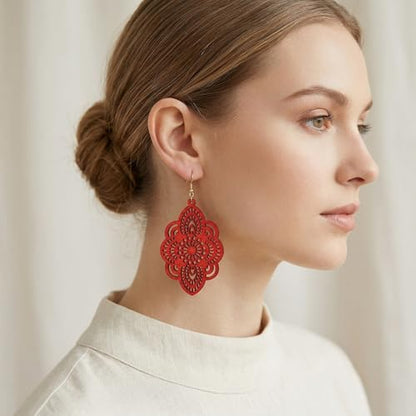 Boho Black Filigree Dangle Earrings for Women, Lightweight Hollow Lace Drop, Wood, 3.34" x 1.69", Bohemian Jewelry - color: Red