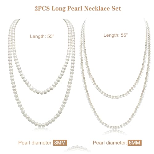 Long Pearl Necklaces for Women Cream White Faux Pearl Strand Layered Necklace Costume Jewelry - color: 2PCS Cream White(6MM+8MM)
