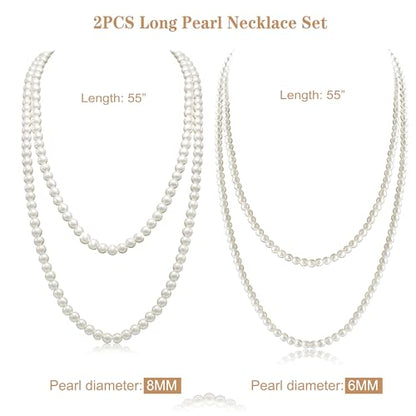 Long Pearl Necklaces for Women Cream White Faux Pearl Strand Layered Necklace Costume Jewelry - color: 2PCS Cream White(6MM+8MM)