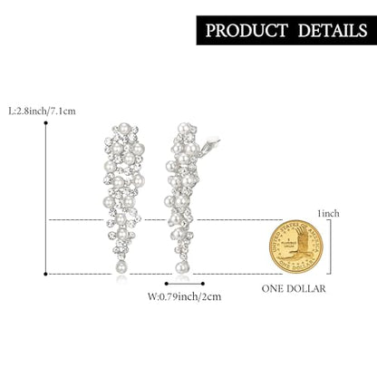 Bridal Statement Clip-on Earrings for Women Gorgeous Shiny Rhinestones Simulated Pearl Multi Beaded Cluster Chandelier Dangle Jewelry for Wedding Party Prom - color: Clear Silver-Tone