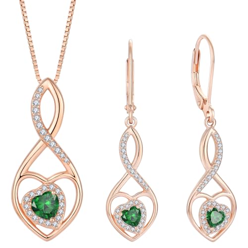 Infinity Heart Rose Gold Jewelry Set for Women 925 Sterling Silver Emerald Necklace and Earrings Set May Birthstone Jewelry Gifts