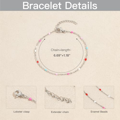 6 PCS Enamel Beaded Chains Bracelet Stainless Steel Link Bracelets | 6.7"+1.18", With Extender Chain, Fashion Jewelry Set, Gift For Women, Colorful, No Fade - color: Mixcolor Silver