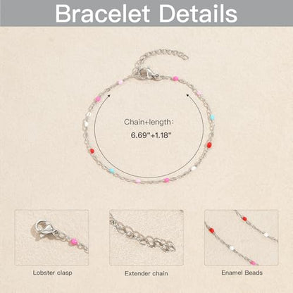 6 PCS Enamel Beaded Chains Bracelet Stainless Steel Link Bracelets | 6.7"+1.18", With Extender Chain, Fashion Jewelry Set, Gift For Women, Colorful, No Fade - color: Mixcolor Silver