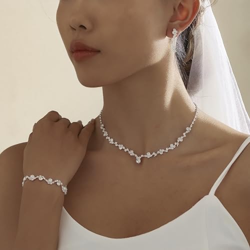 Silver Jewelry Sets for Women Rhinestone Necklace Dangle Earrings Bracelet Set Bridal Wedding Jewelry Sets for Brides Bridemaid Prom Costume Accessories Jewelry - style: Silver Jewelry Set style1