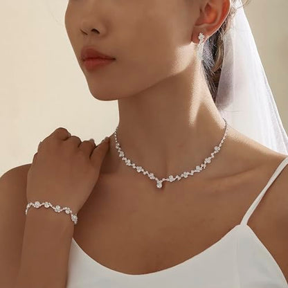 Silver Jewelry Sets for Women Rhinestone Necklace Dangle Earrings Bracelet Set Bridal Wedding Jewelry Sets for Brides Bridemaid Prom Costume Accessories Jewelry - style: Silver Jewelry Set style1