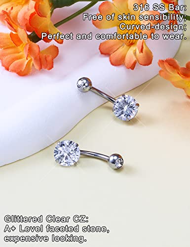Long Belly Button Ring 6mm 8mm 10mm 12mm 14mm Surgical Stainless Steel Round Cubic Zirconia Navel Barbell Long Bar Belly Button Piercing Jewelry Silver, black, rose gold belly ring - color: 2pcs-10mm-Silver navel ring
