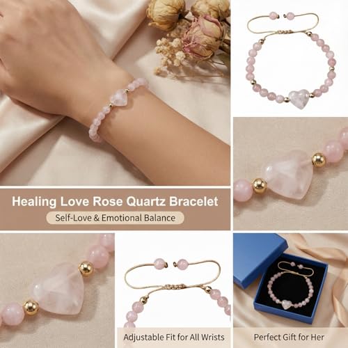 Heart Crystal Bracelet,Natural Gemstone Healing Bead Bracelet | Handmade Jewelry Gifts for Women Men,Graduation Gift for Her - color: Pink Quartz Bracelet
