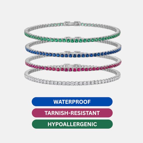 Tennis Bracelets for Women 2mm Dainty 14K Gold Plated CZ | 5A cubic zirconia, 4 prong sparkle, birthstone colors, 6.5-7.5 inches, fold over clasp, tarnish resistant, waterproof - color: Ruby Red
