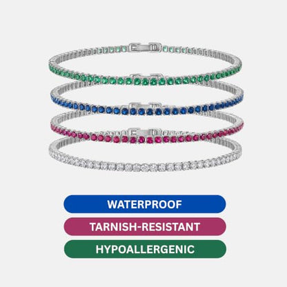 Tennis Bracelets for Women 2mm Dainty 14K Gold Plated CZ | 5A cubic zirconia, 4 prong sparkle, birthstone colors, 6.5-7.5 inches, fold over clasp, tarnish resistant, waterproof - color: Ruby Red