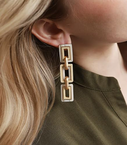 Ozel - Natural Wooden Acrylic Boho Drop Dangle Earrings for Women - Geometric Statement Jewellery - Brown, Black, Magent Red, Olive Green, White beige - color: 3Square_White beige
