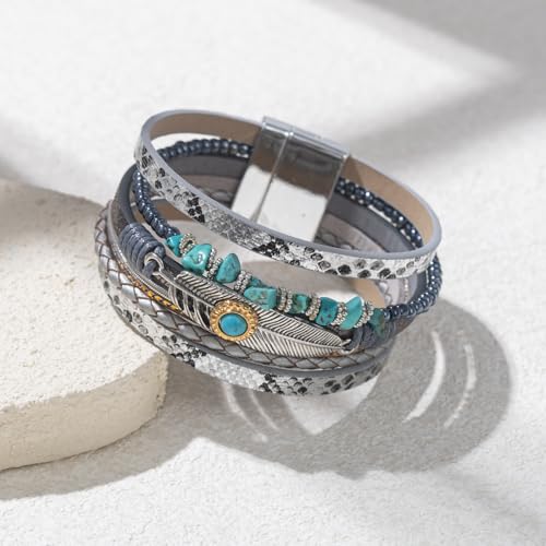 Western Turquoise Leather Cuff Bracelets Boho Feather Cowgirl Jewelry | Stackable Country Hippie Wrap Bangle Set Magnetic Clasp Chunky Beaded Stone Bohemian Statement Outfits for Women Trendy - color: Silver