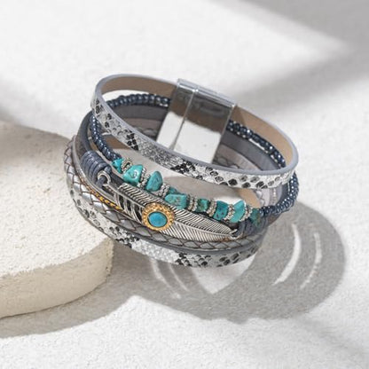 Western Turquoise Leather Cuff Bracelets Boho Feather Cowgirl Jewelry | Stackable Country Hippie Wrap Bangle Set Magnetic Clasp Chunky Beaded Stone Bohemian Statement Outfits for Women Trendy - color: Silver