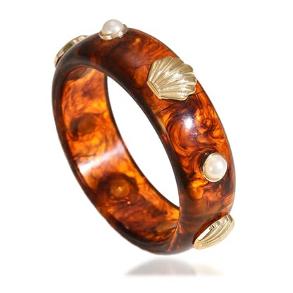 2PCS Chunky Acrylic Bracelet for Women Large Square Resin Cuff Vintage Open Bangle Bracelets Wide Geometric Jewelry - style: M-Shell - Amber