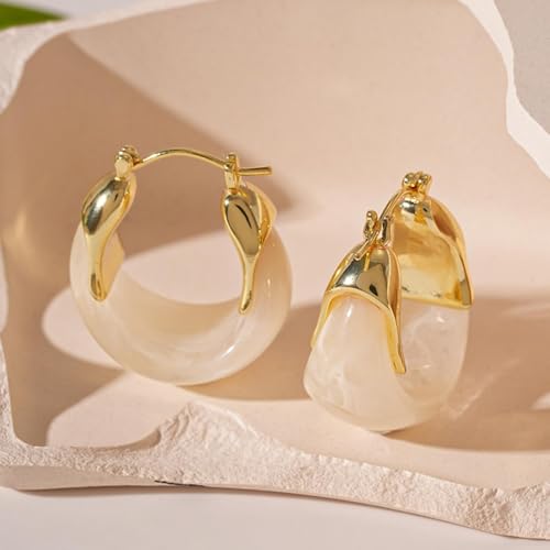 Brown Earrings for Women Chunky Gold Statement Earrings Small Gold Hoop Earring Resin Huggie Earring Square Hoop Trendy Jewelry Gifts for Women Everyday Wear - color: WHITE