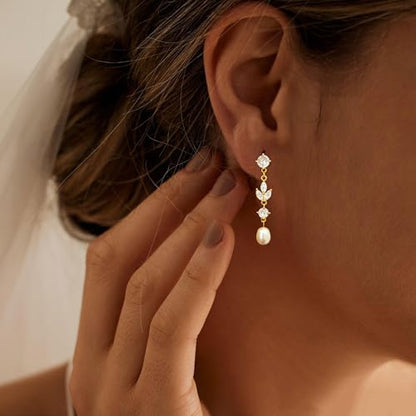 Pearl Earrings for Women Trendy, 14k Gold Plated Freshwater CZ Leaf Pearl Dangle Drop Gold Earrings Lightweight Hypoallergenic Stud Earring Bridesmaid Wedding Gold Jewelry for Women Gifts - style: cz long pearl earrings