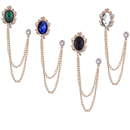 4PCS Gem Brooch Lapel Pin Chain for Men Retro Crystal Tassel Chain Brooch Pin Career Suit Tuxedo of Shirts Tie Hat Scarf Father's Day Gift - color: 4PCS Gem Brooch