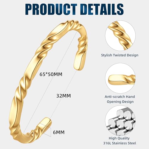 Hisatan Stainless Steel Mens Cuff Bracelet, Minimal Twist Cool Antique Retro/Silver/Black Open Metal Cuff Bangle Bracelets for Men, 65/70mm - color: Gold