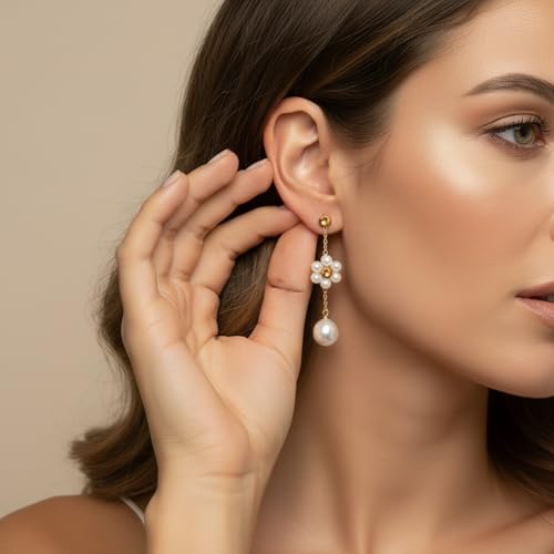 Gold Jewelry Sets for Women, Gold Pearl Dangle Earrings Bracelets Necklaces Set, Women's Jewelry Gifts for Women Wife - style: Gold Daisy Pearl Necklace Set-3PCS