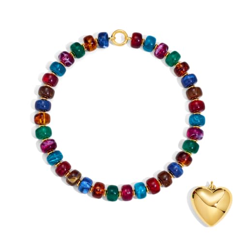 Chunky Heart Necklaces for Women Colorful Resin Beaded Necklaces for Women Gold Puffy Heart Statement Necklace Trendy Acrylic Choker Jewelry Gift - color: B-Colorful collision