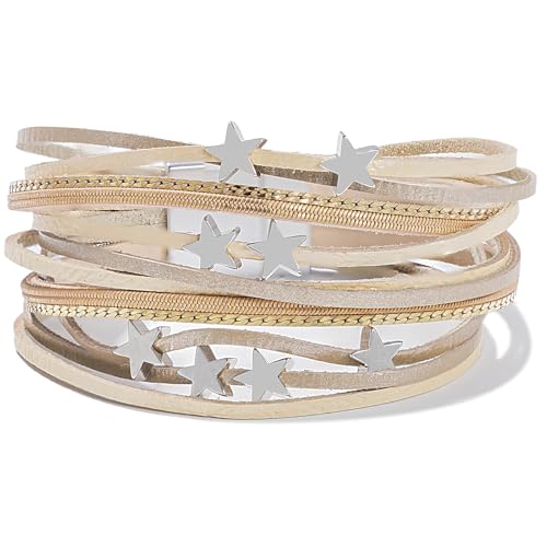 Boho Cute Star Leather Wrap Bracelets Stackable Western Chunky Jewelry | Bohemian Statement Layered Stack Magnetic Clasp Cuff Bangle Fashion Festival Hippie Cowgirl Country Outfits for Women Trendy - color: Gold