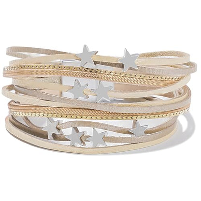 Boho Cute Star Leather Wrap Bracelets Stackable Western Chunky Jewelry | Bohemian Statement Layered Stack Magnetic Clasp Cuff Bangle Fashion Festival Hippie Cowgirl Country Outfits for Women Trendy - color: Gold