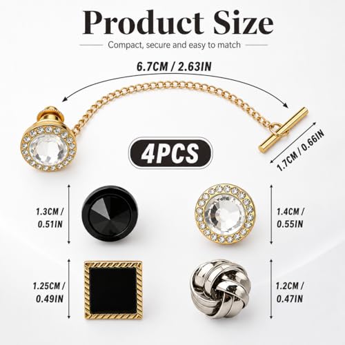 4 Pcs Tie Tack for Men, Tie Pin with Chain, Copper Tack Clutch, Suit Accessories Regular Tie Chain Necktie Lapel Pins for Business Hat Wedding Birthday(Gold/Silver/Black)