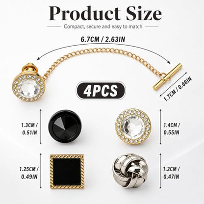 4 Pcs Tie Tack for Men, Tie Pin with Chain, Copper Tack Clutch, Suit Accessories Regular Tie Chain Necktie Lapel Pins for Business Hat Wedding Birthday(Gold/Silver/Black)