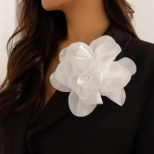 Large Rose Flower Brooches Chiffon Camellia Brooch Lapel Pins Hair Clips Hat Pins for Women Wedding Banquet Accessories Large Satin Flowers 5.5in - color: White