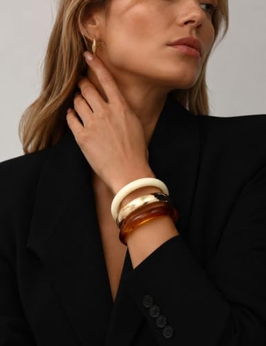 Chunky Gold Bangle Bracelets for Women, Dainty 14k Gold Plated Big Stackable Bangles Set, Trendy Statement Cuff Bracelet Stack Fashion Jewelry Gifts - style: 3 Brown resin bangles
