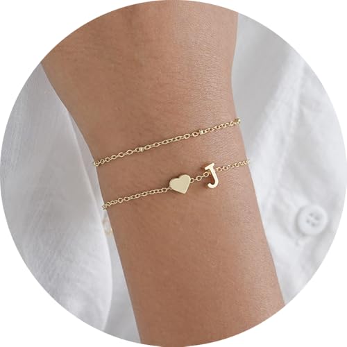 Gold Initial Bracelets for Women Trendy, Dainty Layered 14K Gold Plated Heart Letter Charm Bracelets, letter beads for name bracelets Jewelry Gifts - color: Gold-J