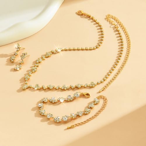 Prom Earrings Necklace Bracelet Set Elegant Crystal Rhinestone Necklace Earrings Bracelet Bridal Wedding Prom Dresses Costume Outfit Gold Jewelry Sets for Women - color: Gold