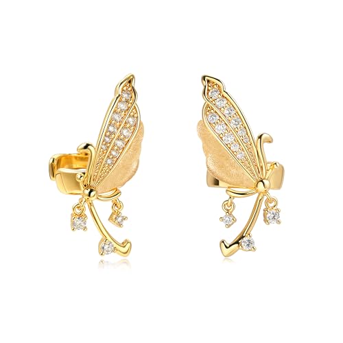 Bemoly Ear Cuff Earrings for Women 14K Gold Plated Cubic Zirconia Dangle Huggie Ear Cuffs Non Piercing | Clip On Cartilage - style: Butterfly