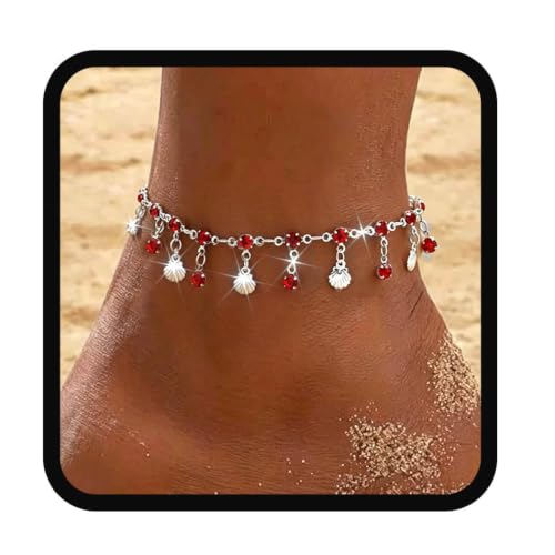 Yalice 925 Silver Plated Charm Chain Ankle Bracelets for Women Dainty Fringe Waterproof Anklets Boho Beach Wedding Foot Jewelry - color: Red