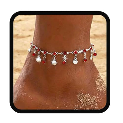 Yalice 925 Silver Plated Charm Chain Ankle Bracelets for Women Dainty Fringe Waterproof Anklets Boho Beach Wedding Foot Jewelry - color: Red