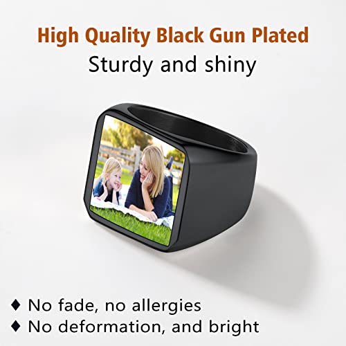 FindChic Customized Signet Photo Rings Square/Heart/Round Chunky Band Ring Stainless Steel/18K Gold Plated/Black Size 7 to 14 Personalized Jewelry for Men Women, Send Gift Box - color: 01. square-no stones (black)