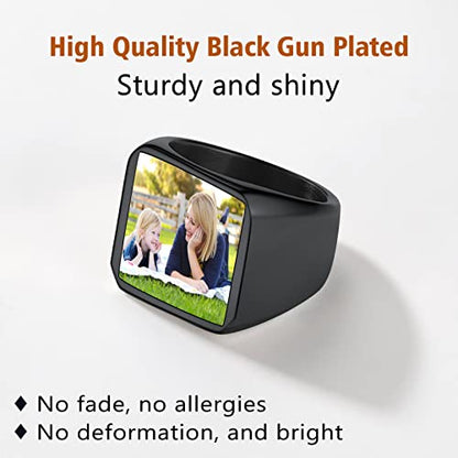 FindChic Customized Signet Photo Rings Square/Heart/Round Chunky Band Ring Stainless Steel/18K Gold Plated/Black Size 7 to 14 Personalized Jewelry for Men Women, Send Gift Box - color: 01. square-no stones (black)